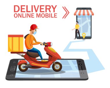 Güvenli teslimat COVID-19 koronavirüs salgını. Koruyucu tıbbi maskeli kurye, yiyecek ürünlerini scooter siparişiyle online olarak dağıtıyor. Temas yok, evde kalıp kutsayın. Vektör