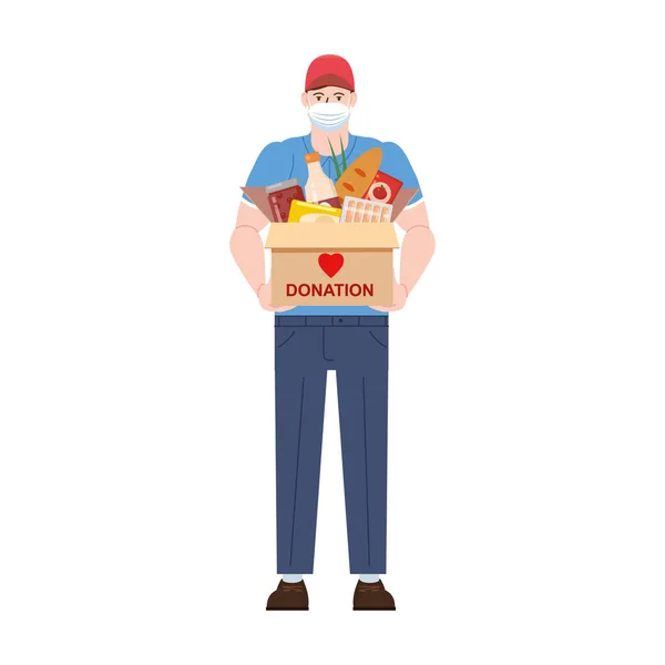 Voluntário personagem homem com caixa de alimentação doação em máscara de proteção médica com caixa de embalagem. Entrega durante a pandemia quarentena coronovírus COVID-19. Ilustração do conceito de assistência social e caridade — Vetor de Stock