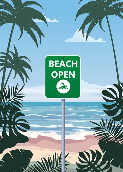 Été bannière de plage Ouvert. Paysage marin littoral tropical flore palmiers. Vacances d'ouverture. Illustration vectorielle isolée — Image vectorielle