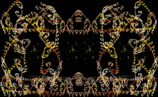 Ethnic ornament made of thin gold fractal on  black background. — Stock Photo, Image