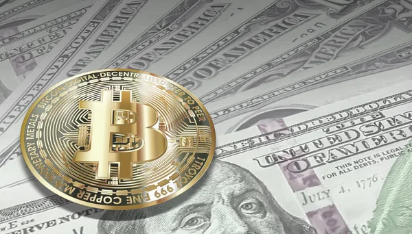 Bitcoin with dollar bills, cryptocurrency concept