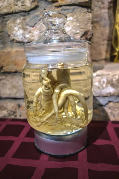 Bouteille en verre vintage avec teinture guérissante de racine de ginseng entier — Photo