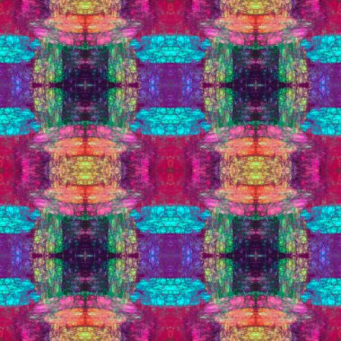 Boho şık fraktal soyut dikişsiz damalı desen. Aynı anda simetrik ve eklektik, büyüleyici ve psikedelik. Kumaş, kumaş, bez, duvar kağıdı ve duvar dekorasyonu için bohem etnik gökkuşağı yaması.
