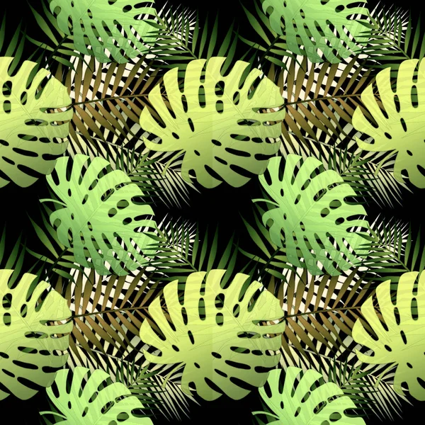 Seamless Monstera Tropical Jungle Palm Leaves Pattern Black Background Tile — Stock Photo, Image