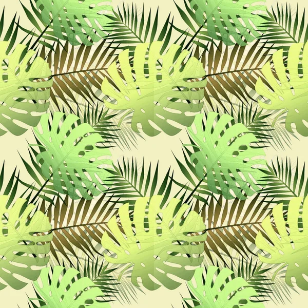 Seamless monstera tropical jungle palm leaves pattern on white background for tile, bag, textile and decoration. Summer style for beach and leisure.