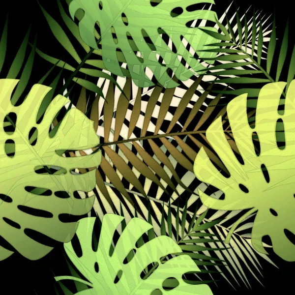 Бесшовные Монстры Тропических Джунглей Узор Пальмовых Листьев Черном Фоне Плитки — стоковое фото