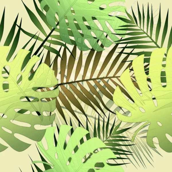 Бесшовные Монстры Тропических Джунглей Узор Пальмовых Листьев Белом Фоне Плитки — стоковое фото