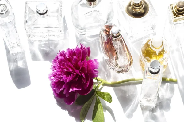 Perfume bottles with a peony — Stock Photo, Image