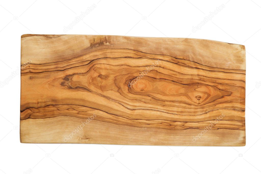 Olive wood cutting board isolated on white background