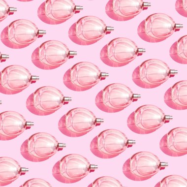 Pembe arka planda parfüm şişeleri deseni