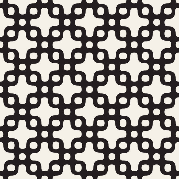 Rounded Cross and Circles Lattice. Vector Seamless Black and White Pattern.