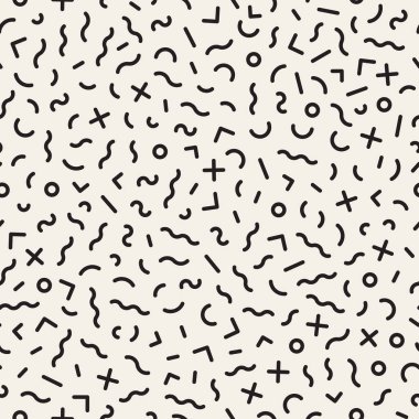 Geometrik çizgi şekilleri dağınık. Vektör sorunsuz siyah-beyaz desen.