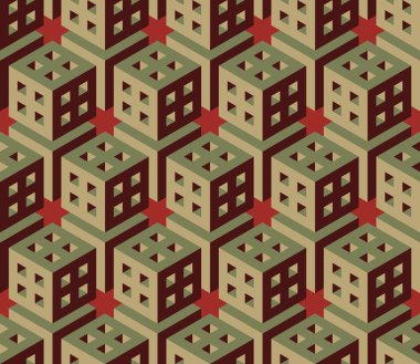 Vektör sorunsuz izometrik altıgen küp yapısı Vintage desen içinde kırmızı ve yeşil