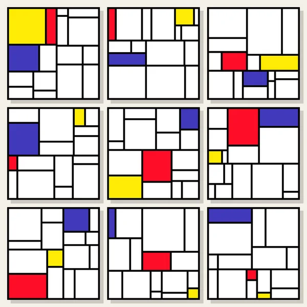 Ensemble de neuf compositions carrées vectorielles dans le style Piet Mondrian De Stijl — Image vectorielle