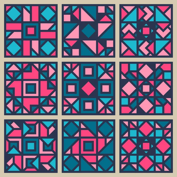 Vector geometriska kvadratiska mönster Design Element Set i rosa och blått — Stock vektor