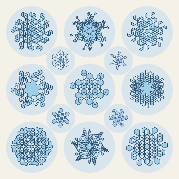 Satz von dreizehn Vektorlinien Kunst Strich Offset geometrische blaue Schneeflocke Form Design-Elemente — Stockvektor