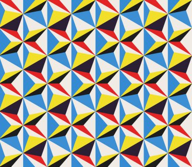Vektör çapraz hareket kesintisiz geometrik üçgenler desen Kırmızı Sarı Mavi ve beyaz renkli