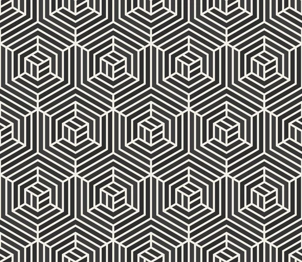 Vector sömlös svart och vit randig geometriska sexkantiga synvilla linjemönster — Stock vektor