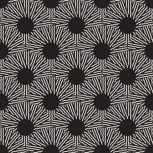 Vetor sem costura preto e branco arte óptica ziguezague raios redondos círculo padrão —  Vetores de Stock
