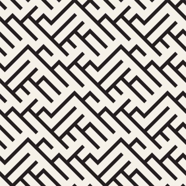 Çağdaş grafik tasarım döşeme düzensiz labirent şekiller. Vektör sorunsuz siyah-beyaz desen