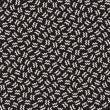 Modaya uygun doku dağınık geometrik şekiller ile. Memphis tasarım tarafından ilham verdi. Tek renkli arka plan. Vektör Seamless Modeli.