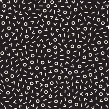 Retro geometrik çizgi kesintisiz desenleri şekillendiriyor. Soyut karmakarışık dokular. Siyah ve beyaz şekiller dağınık