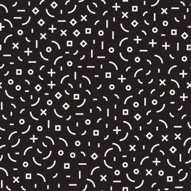 Retro geometrik çizgi kesintisiz desenleri şekillendiriyor. Soyut karmakarışık dokular. Siyah ve beyaz şekiller dağınık