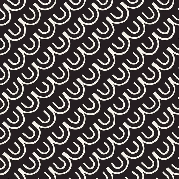 Monochrome minimalistic tribal seamless pattern with arc lines. Vector background with inky black art on white rounded stripe. — Stock Vector