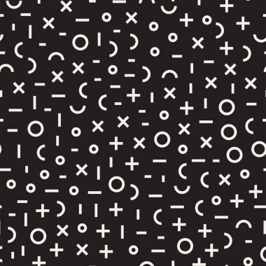 Retro geometrik çizgi kesintisiz desenleri şekillendiriyor. Soyut karmakarışık dokular. Siyah ve beyaz şekiller dağınık