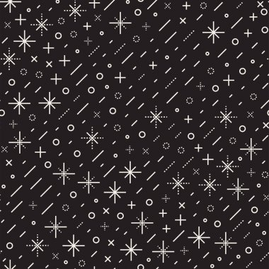 Retro geometrik çizgi kesintisiz desenleri şekillendiriyor. Soyut karmakarışık dokular. Siyah ve beyaz şekiller dağınık