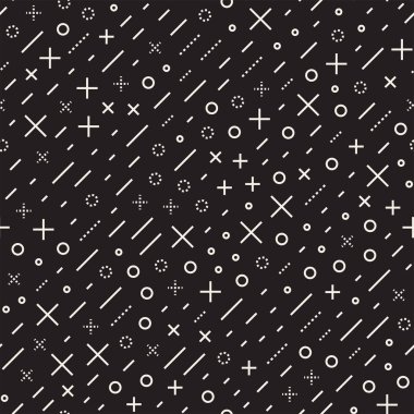 Retro geometrik çizgi kesintisiz desenleri şekillendiriyor. Soyut karmakarışık dokular. Siyah ve beyaz şekiller dağınık