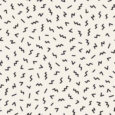 Geometrik şekiller dağınık. Memphis tarzı ile esin kaynağı oldu. Arka plan tasarım. Vektör sorunsuz siyah ve beyaz düzensiz.