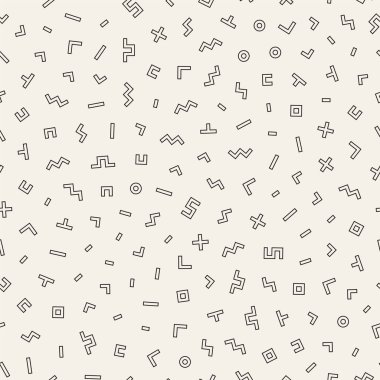 Geometrik şekiller dağınık. Memphis tarzı ile esin kaynağı oldu. Arka plan tasarım. Vektör sorunsuz siyah ve beyaz düzensiz.