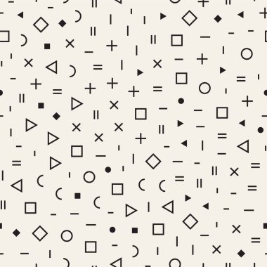 Geometrik şekiller dağınık. Memphis tarzı ile esin kaynağı oldu. Arka plan tasarım. Vektör sorunsuz siyah ve beyaz düzensiz.