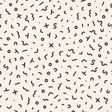 Geometrik şekiller dağınık. Memphis tarzı ile esin kaynağı oldu. Arka plan tasarım. Vektör sorunsuz siyah ve beyaz düzensiz.