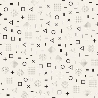 Geometrik şekiller dağınık. Memphis tarzı ile esin kaynağı oldu. Arka plan tasarım. Vektör sorunsuz siyah ve beyaz düzensiz.