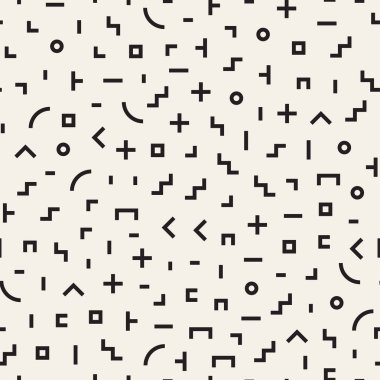 Geometrik şekiller dağınık. Memphis tarzı ile esin kaynağı oldu. Arka plan tasarım. Vektör sorunsuz siyah ve beyaz düzensiz.