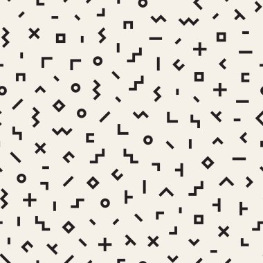 Basit geometrik şekiller dağınık. Memphis tarzı ile esin kaynağı oldu. Arka plan tasarım. Vektör sorunsuz siyah ve beyaz düzensiz.