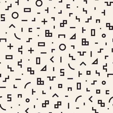 Basit geometrik şekiller dağınık. Memphis tarzı ile esin kaynağı oldu. Arka plan tasarım. Vektör sorunsuz siyah ve beyaz düzensiz.