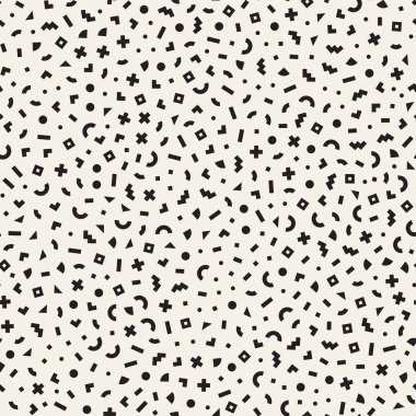 Basit geometrik şekiller dağınık. Memphis tarzı ile esin kaynağı oldu. Arka plan tasarım. Vektör sorunsuz siyah ve beyaz düzensiz.