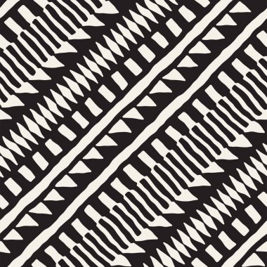 Siyah ve beyaz kabile vektör doodle elemanları ile seamless modeli. Aztek soyut geometrik sanat baskı. Etnik süs el çekilmiş zemin.