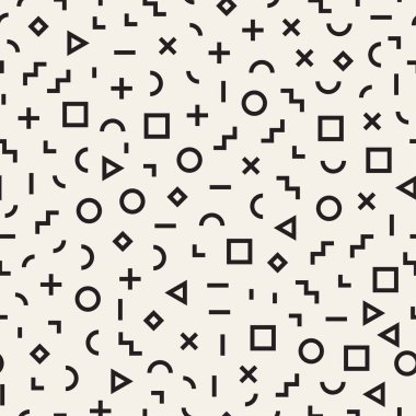 Basit geometrik şekiller dağınık. Memphis tarzı ile esin kaynağı oldu. Arka plan tasarım. Vektör sorunsuz siyah ve beyaz düzensiz.