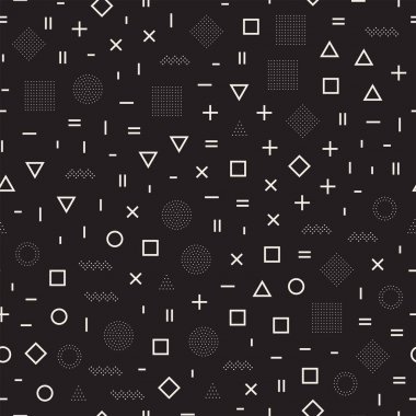 Basit geometrik şekiller dağınık. Memphis tarzı ile esin kaynağı oldu. Arka plan tasarım. Vektör sorunsuz siyah ve beyaz düzensiz.