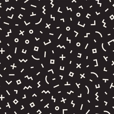 Basit geometrik şekiller dağınık. Memphis tarzı ile esin kaynağı oldu. Arka plan tasarım. Vektör sorunsuz siyah ve beyaz düzensiz.