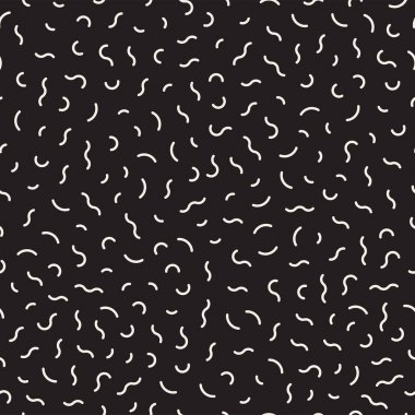 Basit geometrik şekiller dağınık. Memphis tarzı ile esin kaynağı oldu. Arka plan tasarım. Vektör sorunsuz siyah ve beyaz düzensiz.