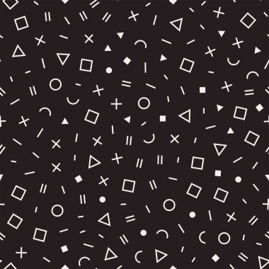 Basit geometrik şekiller dağınık. Memphis tarzı ile esin kaynağı oldu. Arka plan tasarım. Vektör sorunsuz siyah ve beyaz düzensiz.