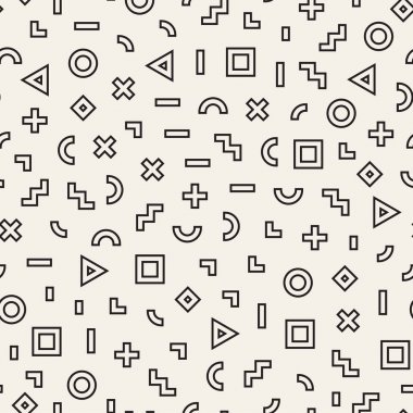 Basit geometrik şekiller dağınık. Memphis tarzı ile esin kaynağı oldu. Arka plan tasarım. Vektör sorunsuz siyah ve beyaz düzensiz.