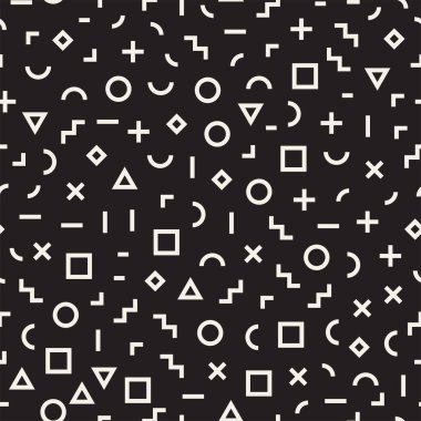 Basit geometrik şekiller dağınık. Memphis tarzı ile esin kaynağı oldu. Arka plan tasarım. Vektör sorunsuz siyah ve beyaz düzensiz.