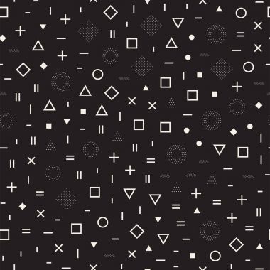 Geometrik şekiller dağınık. Memphis tarzı ile esin kaynağı oldu. Arka plan tasarım. Vektör sorunsuz siyah ve beyaz düzensiz.