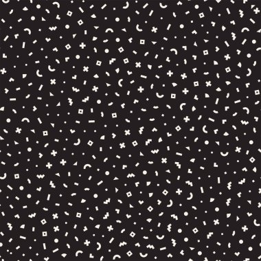 Geometrik şekiller dağınık. Memphis tarzı ile esin kaynağı oldu. Arka plan tasarım. Vektör sorunsuz siyah ve beyaz düzensiz.